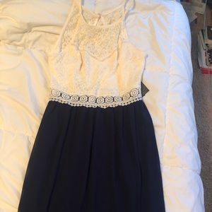 Long blue and cream lace dress